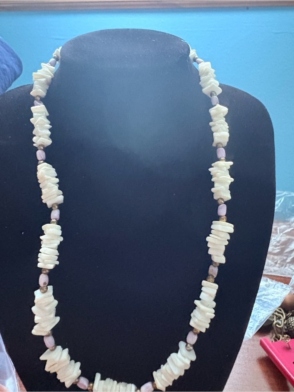 White shell Bead Necklace with Antique-Style Silver Toggle Accent